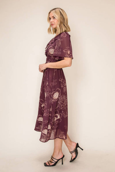Ruffled V-Neck Midi Dress: Burgundy