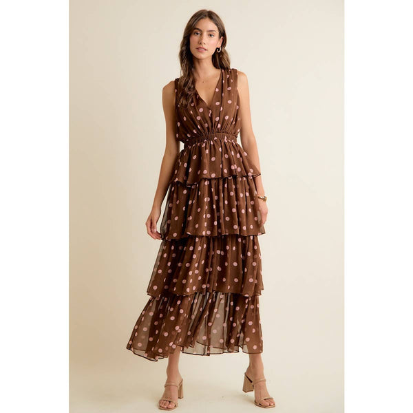 POLKA DOT CHIFFON TIERED MAXI LINED SLEEVELESS DRESS: BROWN/PINK