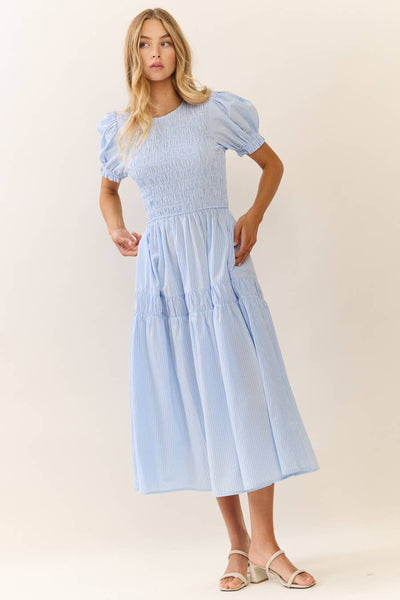 Smocked Bodice Midi Dress : LT Blue / S - Lulu Bella Boutique