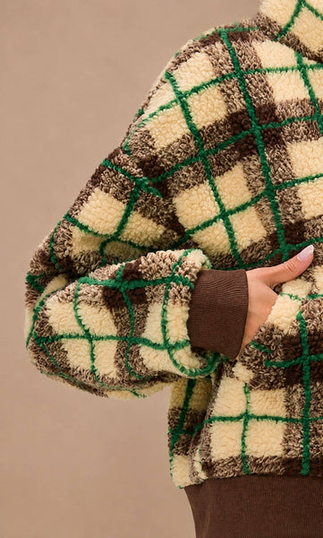 ***HALF PACK*** SA10114J - Plaid Sherpa Bomber Jacket: GREEN/YELLOW / S - Lulu Bella Boutique