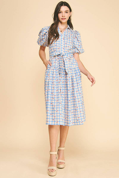 CHECKER WITH CHERRY PRINT MIDI DRESS -Blue / M - Lulu Bella Boutique