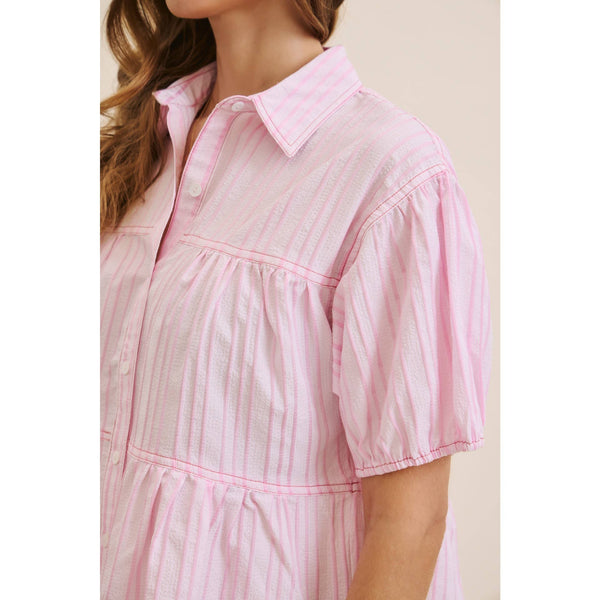 TEXTURED STRIPE OVERSIZED SHIRT WITH CONTRAST STITCHING: PINK / S - Lulu Bella Boutique