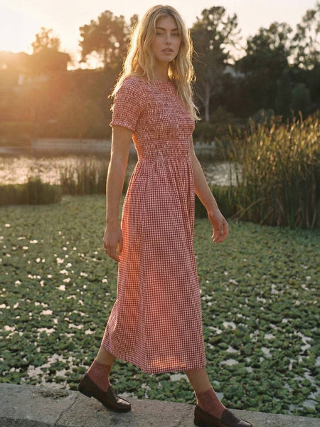 Round Neck Half Sleeve Smocked Cotton Gingham Midi Dress: Cherry / S - Lulu Bella Boutique