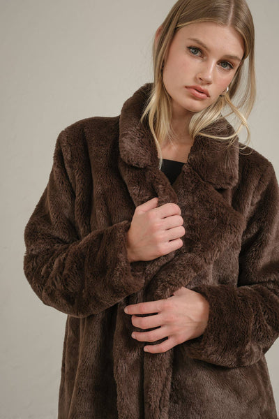 Chocolate Faux Fur Open Front Jacket: CHOCOLATE