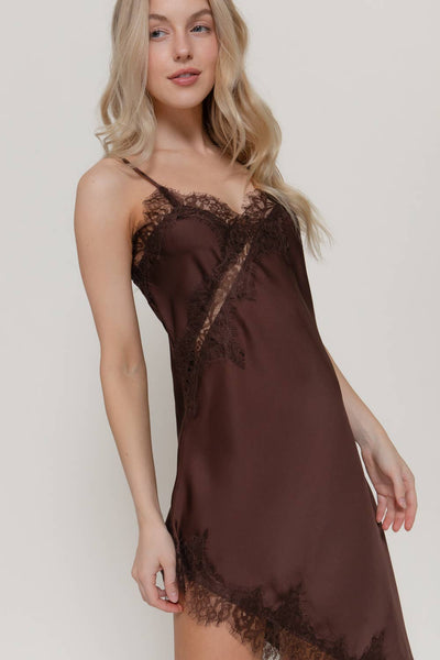 V-neck Asymmetric Lace Satin Dress: Brown