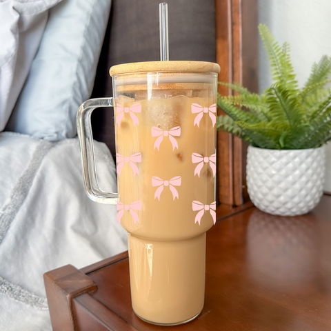 Ribbons | VINYL | 40 oz Clear Glass Tumbler with Bamboo Lid & Straw: Engraved to Match Design / Pink