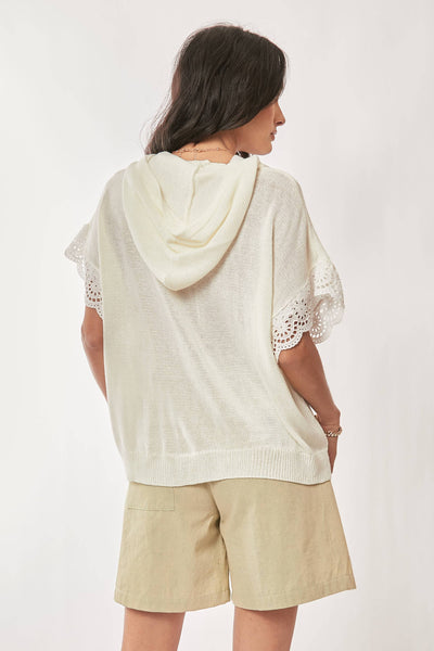 AMERICAN FLAG LOOSE FIT LACE SLEEVE HOODIE TOP: IVORY WHITE / L - Lulu Bella Boutique