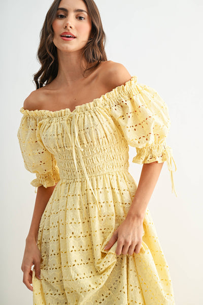 Eyelet Maxi Dress with Smocked Bodice Puff Sleeves: LT.YELLOW - Lulu Bella Boutique