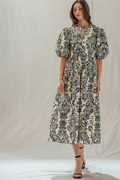 Botanical Puff Sleeve Cotton Midi Dress: IVORY BLACK / S-M-L:2-2-2 - Lulu Bella Boutique