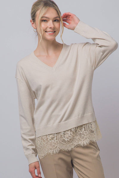 Lace-hem V-neck Sweater: Oatmeal