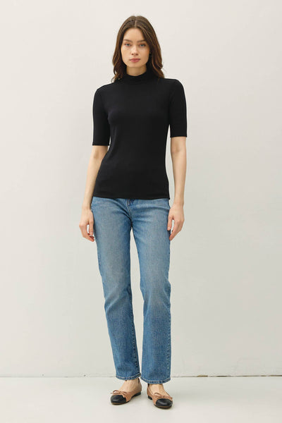SHORT SLEEVE MOCKNECK KNIT TOP : Black