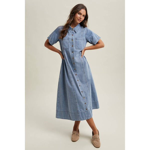 DENIM BUTTON-FRONT SHIRT DRESS/ WL25-12368: M.DENIM / S - Lulu Bella Boutique