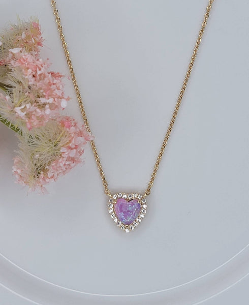 HEART SHAPE LAB GROWN OPAL STONE PENDANT NECKLACE .: PINK OPAL - Lulu Bella Boutique
