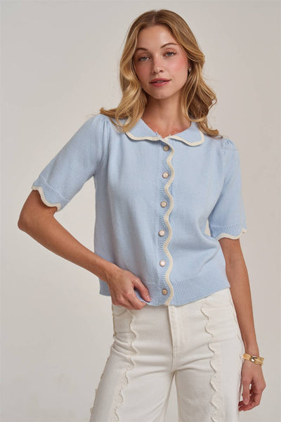 SCALLOPED BUTTON FRONT CARDIGAN WITH PETER PAN COLLAR: BLUE/IVORY / S-M-L(2-2-2) - Lulu Bella Boutique