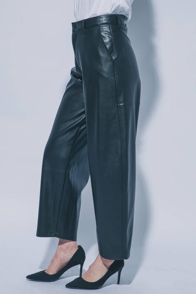 Faux Leather Barrel Leg Pants: BLACK