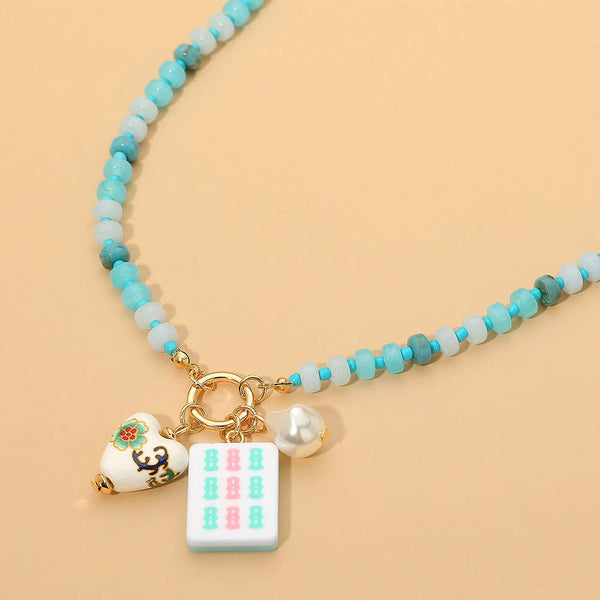 Mahjong Tile Charm Pearl Floral Bead Ball Charm Pendant Beaded Necklace: Blue,Gold
