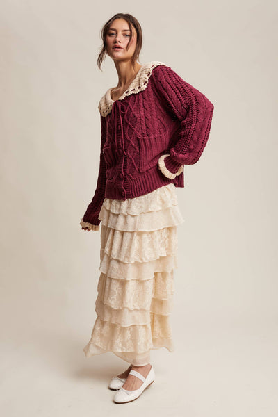 Two-Tone Crochet Collar Cable Knit Cardigan: Cranberry