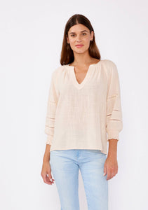 Smocked 3/4 Sleeve Lace Trim Blouse: Natural / S