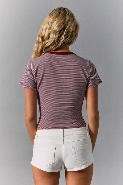 ROUND NECK SHORT SLEEVE STRIPE TOP: BURGUNDY STRIPE / XS - Lulu Bella Boutique
