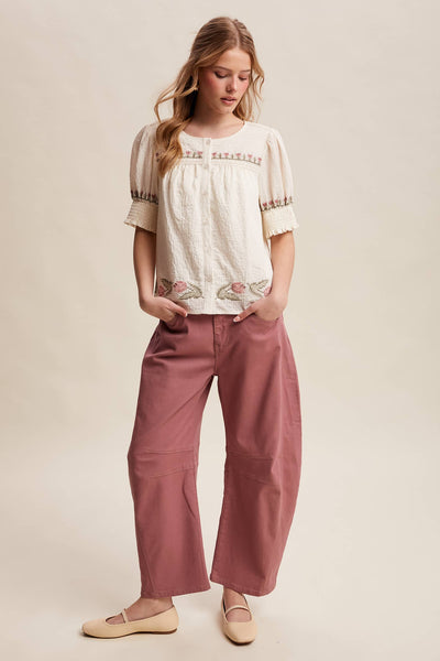 Embroidered Textured Puff-Sleeve Blouse LT1463: Off-White / Contemporary / S - Lulu Bella Boutique