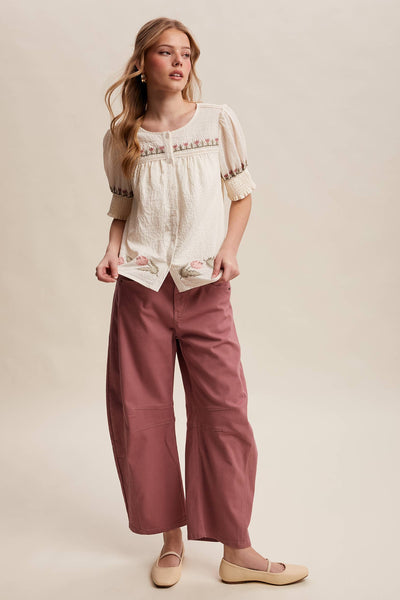 Embroidered Textured Puff-Sleeve Blouse LT1463: Off-White / Contemporary / S - Lulu Bella Boutique