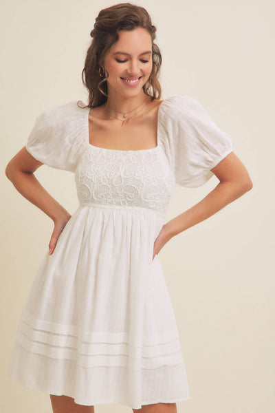 AIRY COTTON GAUZE CROCHET MINI DRESS WITH SMOCKED BACK: OPTIC WHITE / S - Lulu Bella Boutique