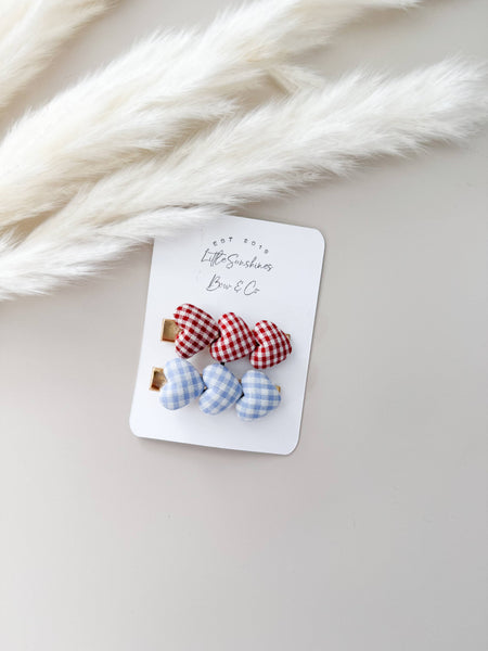 4th of July Plaid Hearts & Glitter Stars Hair Clips : Plaid Hearts Set - Lulu Bella Boutique