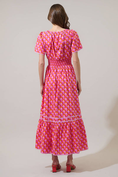 Paden Abstract Ordy Smocked Midi Dress: PINK-ORG-MUL / XL