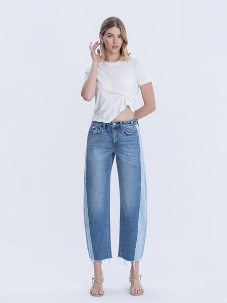 HIGH RISE TWO TONE BARREL LEG JEANS F6041: BLUE MEMOIR / 28 - Lulu Bella Boutique