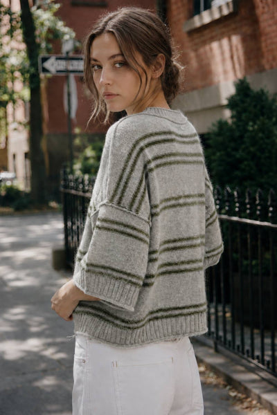 Soft Touch Striped Wide Sleeve Sweater: HEATHER GREY/OLIVE