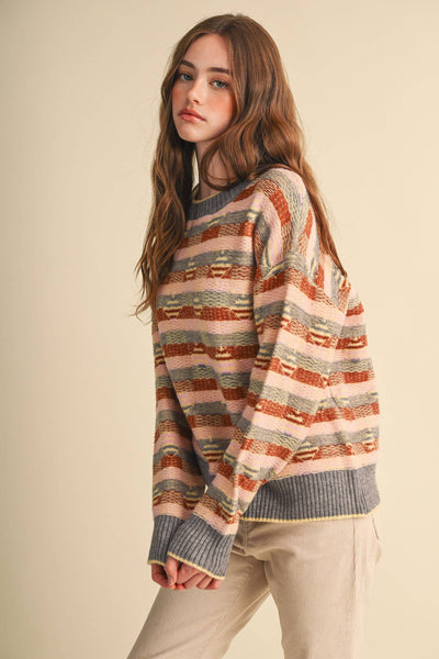 ABSTRACT GEOMETRIC KNIT PATTERN SWEATER: GREY PINK MULTI