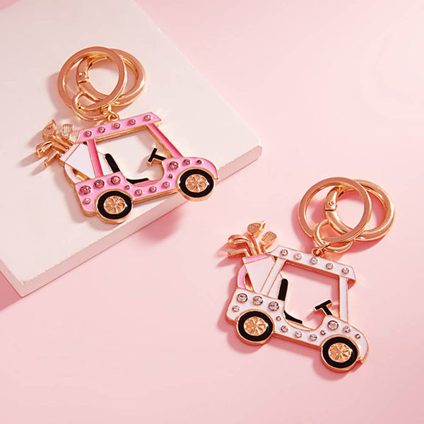 Stone Pointed Enamel Golf Cart Keychain: White - Lulu Bella Boutique