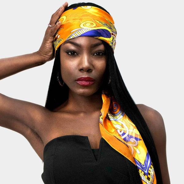 Silk Feel Abstract Paisley Print Square Scarf: Gold