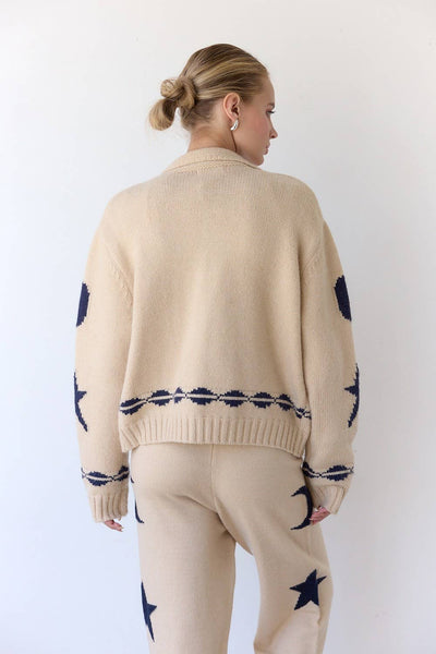 Cozy Pattern Zip Sweater Jacket-RSW1001: Beige / S-M-L (3-2-1) - Lulu Bella Boutique