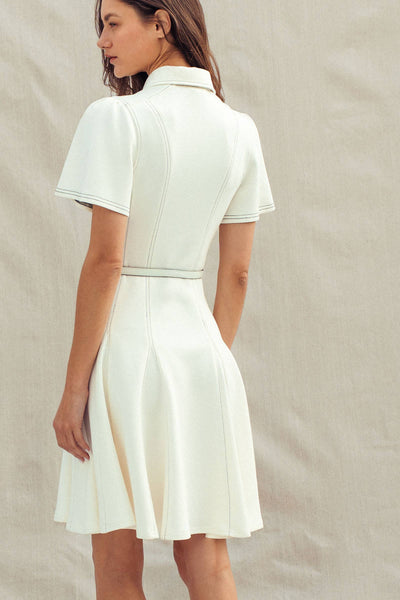 Contrast Stitch Zip Front Knit Mini Dress Belted: IVORY / S-M-L:2-2-2 - Lulu Bella Boutique