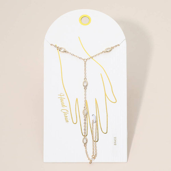 Elegant Marquise Stone Bezel Link Hand Chain Bracelet: Clear,Gold - Lulu Bella Boutique