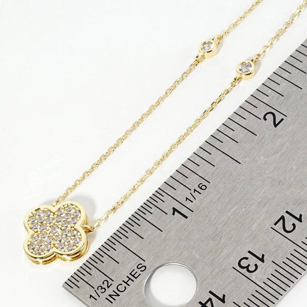 Gold Dipped CZ Pave Quatrefoil Pendant Accent Bezel Station Chain Necklace: Clear,Gold - Lulu Bella Boutique