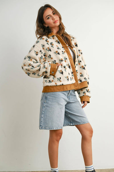 Floral Sherpa Fleece Snap Jacket with Twill Trim: CREAM / CAMEL