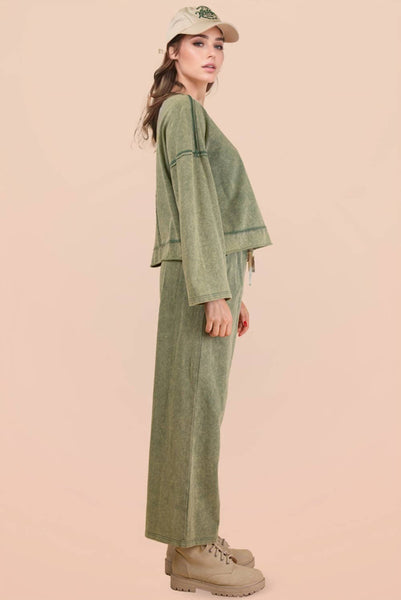 Mineral Washed Casual Knit Top & Pants Set: SAGE