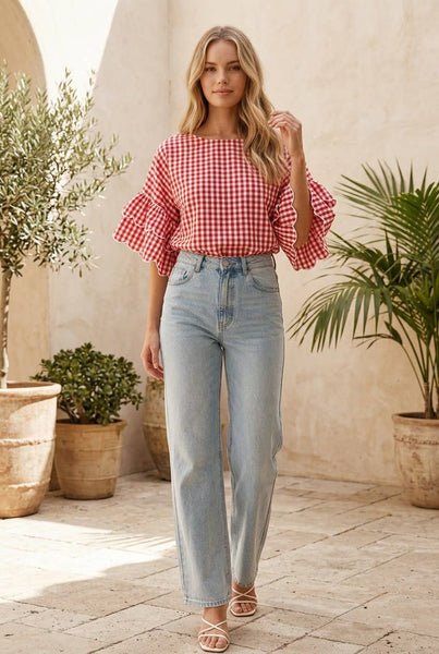 Charming Gingham Scallop Edge Wild Ruffle Sleeve Top VT83548: Red / S - Lulu Bella Boutique
