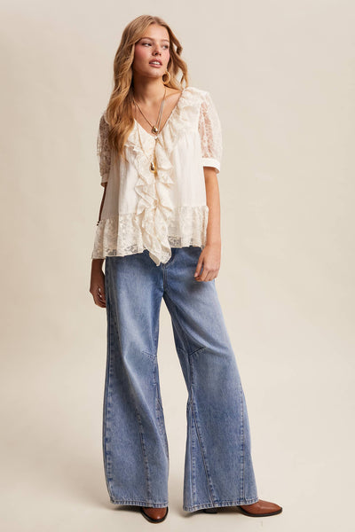 Lace Trim Ruffle Peplum Blouse LT1448: Cream / Contemporary / S - Lulu Bella Boutique