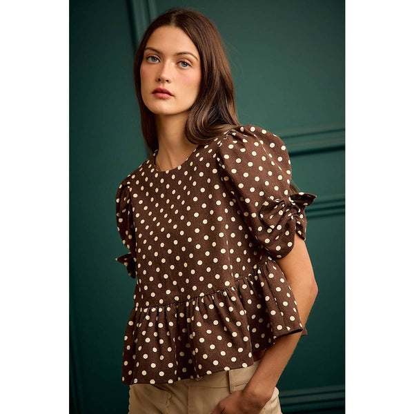 POLKA DOT BOW DETAIL SHORT SLEEVES PEPLUM TOP: BROWN/IVORY