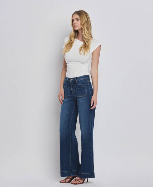 HIGH RISE PATCH POCKET TROUSER  HEM WIDE JEANS F5764D: DARK DENIM / 24 - Lulu Bella Boutique