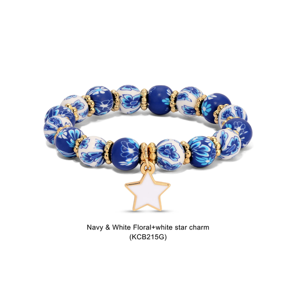 Kids Clay Beaded Stretch Charm Bracelets : Cherry & White (KCB216G) - Lulu Bella Boutique
