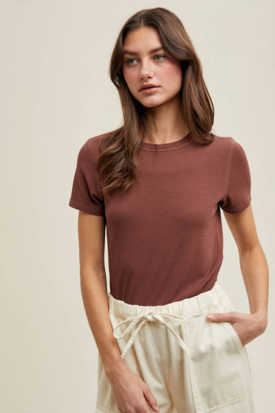 RIBBED KNIT BASIC T-SHIRT: ESPRESSO - Lulu Bella Boutique