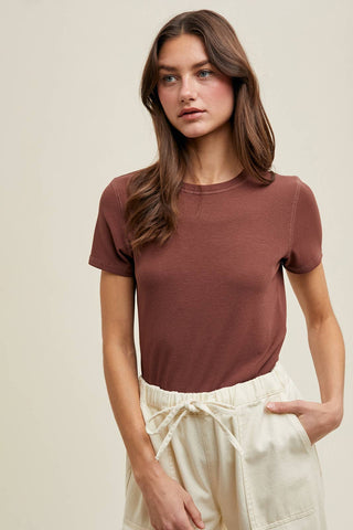RIBBED KNIT BASIC T-SHIRT: ESPRESSO - Lulu Bella Boutique