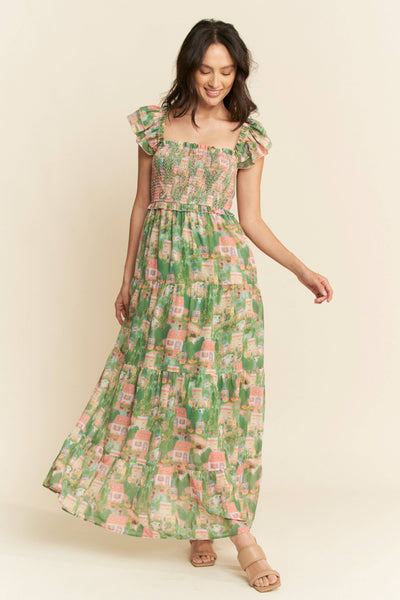 VILLAGE SMOCKING BODICE RUFFLE SLEEVE MAXI DRESS: Pink green / M - Lulu Bella Boutique