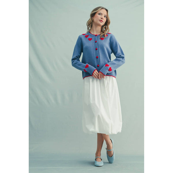 HEART DETAIL BUTTON-UP SWEATER TOP: M.BLUE/POPPY - Lulu Bella Boutique