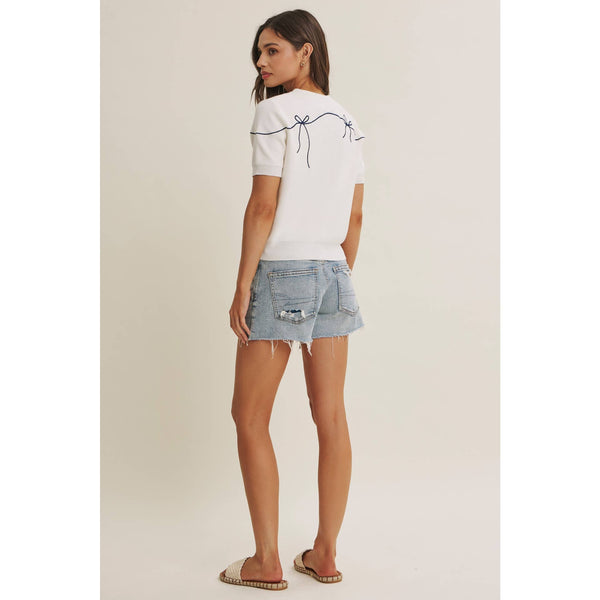 FRENCH MORNING BOW EMBROIDERED BUTTON-DOWN COTTON CARDIGAN: OFF WHITE / S - Lulu Bella Boutique