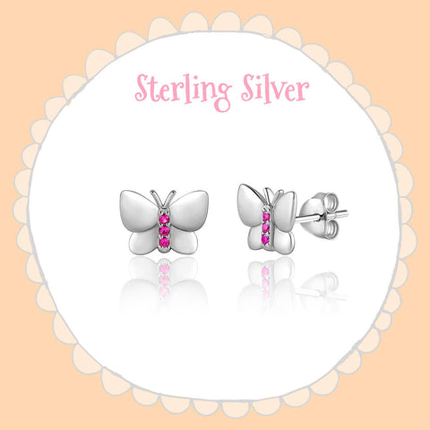 925 Sterling Silver Butterfly Earrings with Pink CZ